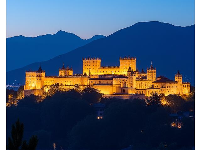 La Alhambra de Granada iluminada al atardecer con Sierra Nevada al fondo.
